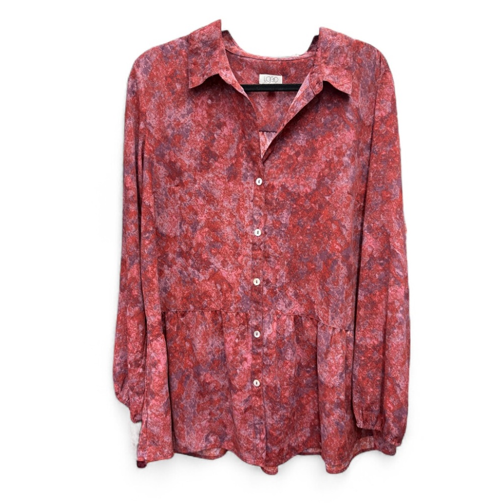 LOGO by Lori Goldstein Red Multi Abstract Print Button Down Peplum Shirt Large